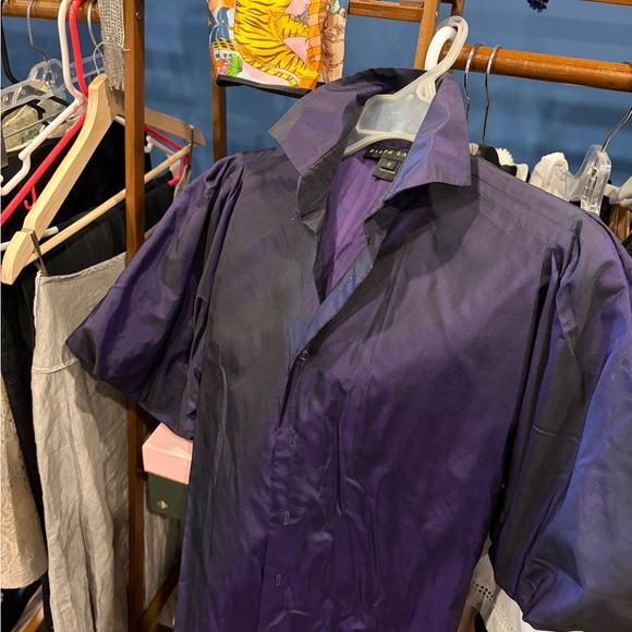 Ralph Lauren Black Label Purple Silk Taffeta Button-Up Blouse with Pouf sleeves - Picture 3 of 4